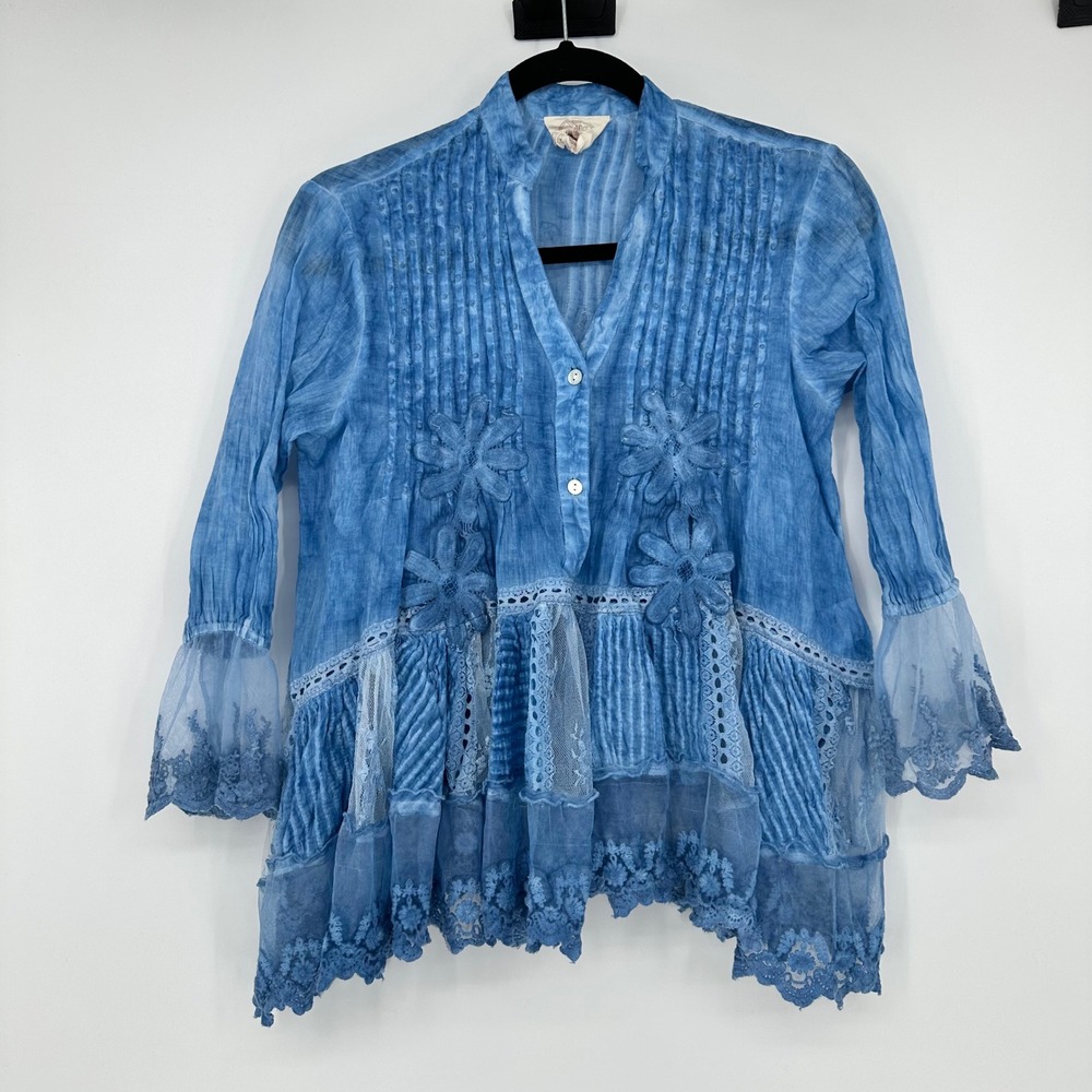 Muche & Muchette Blue Boho Lace Floral Embroidered Tunic Top Ruffle Whimsy OS
